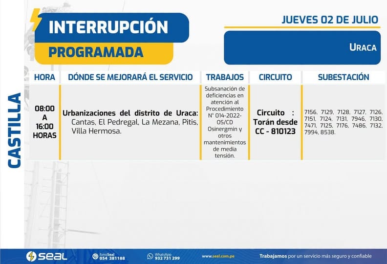 Corte de energía eléctrica será desde las 8:00 horas de este jueves 2 de jlio (Foto: SEAL)