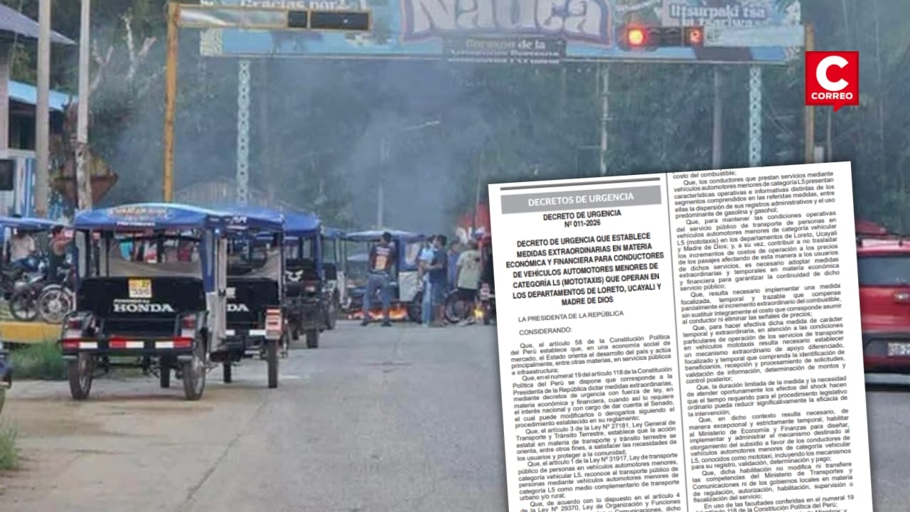 Gobierno otorgará subsidio de S/100 al mes a conductores de mototaxis de Loreto, Ucayali y Madre de Dios. Composición: Diario Correo.