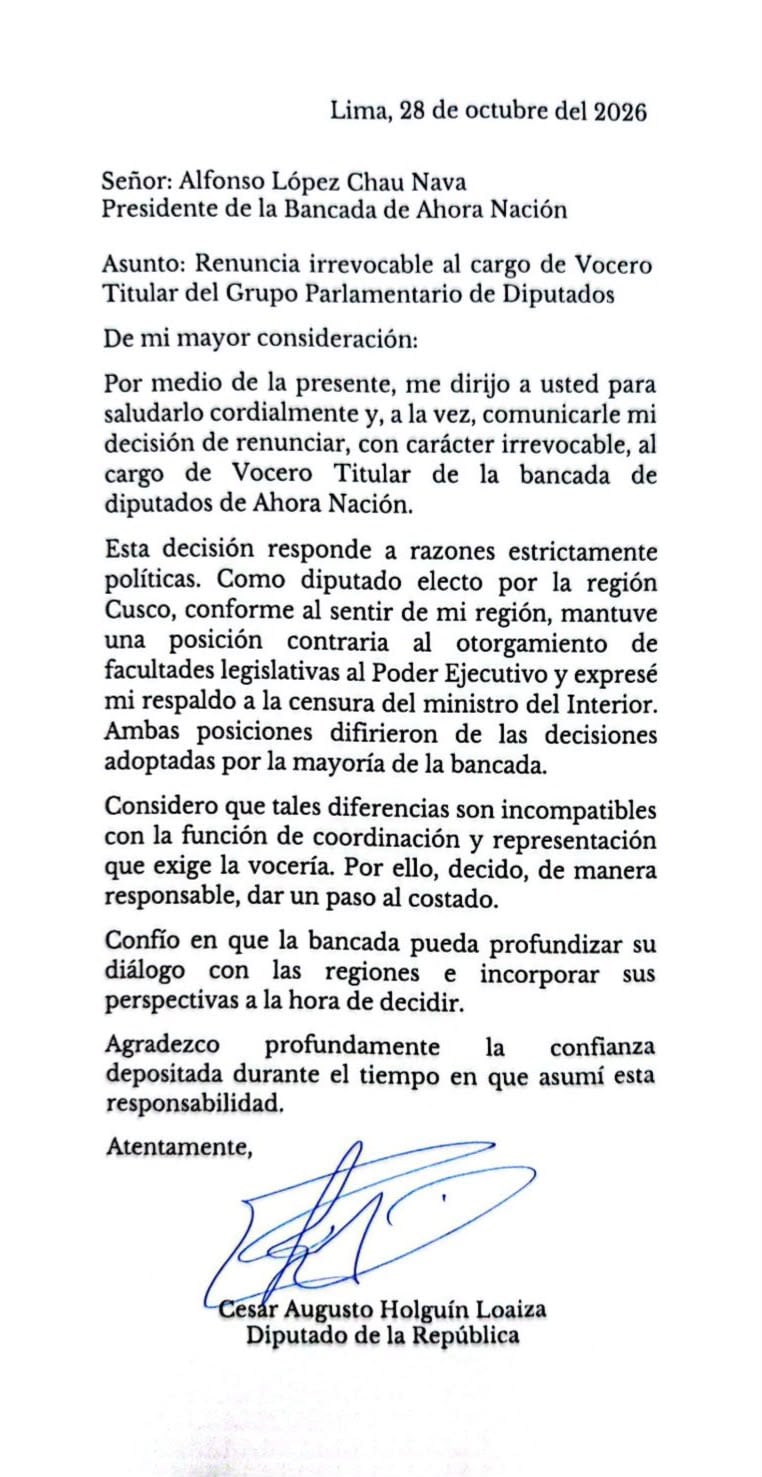 Carta enviada por César Holguín a Alfonso López Chau.
