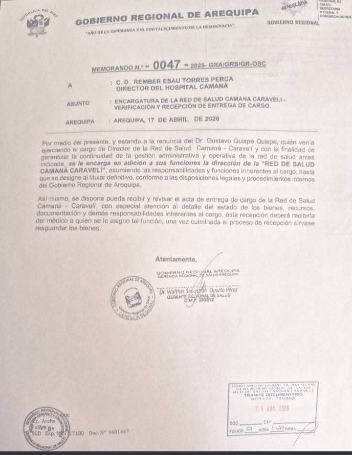 Documento que habría designado a Rember Esau Torres Perca como encargado de la Red de Salud Camaná-Caravelí.