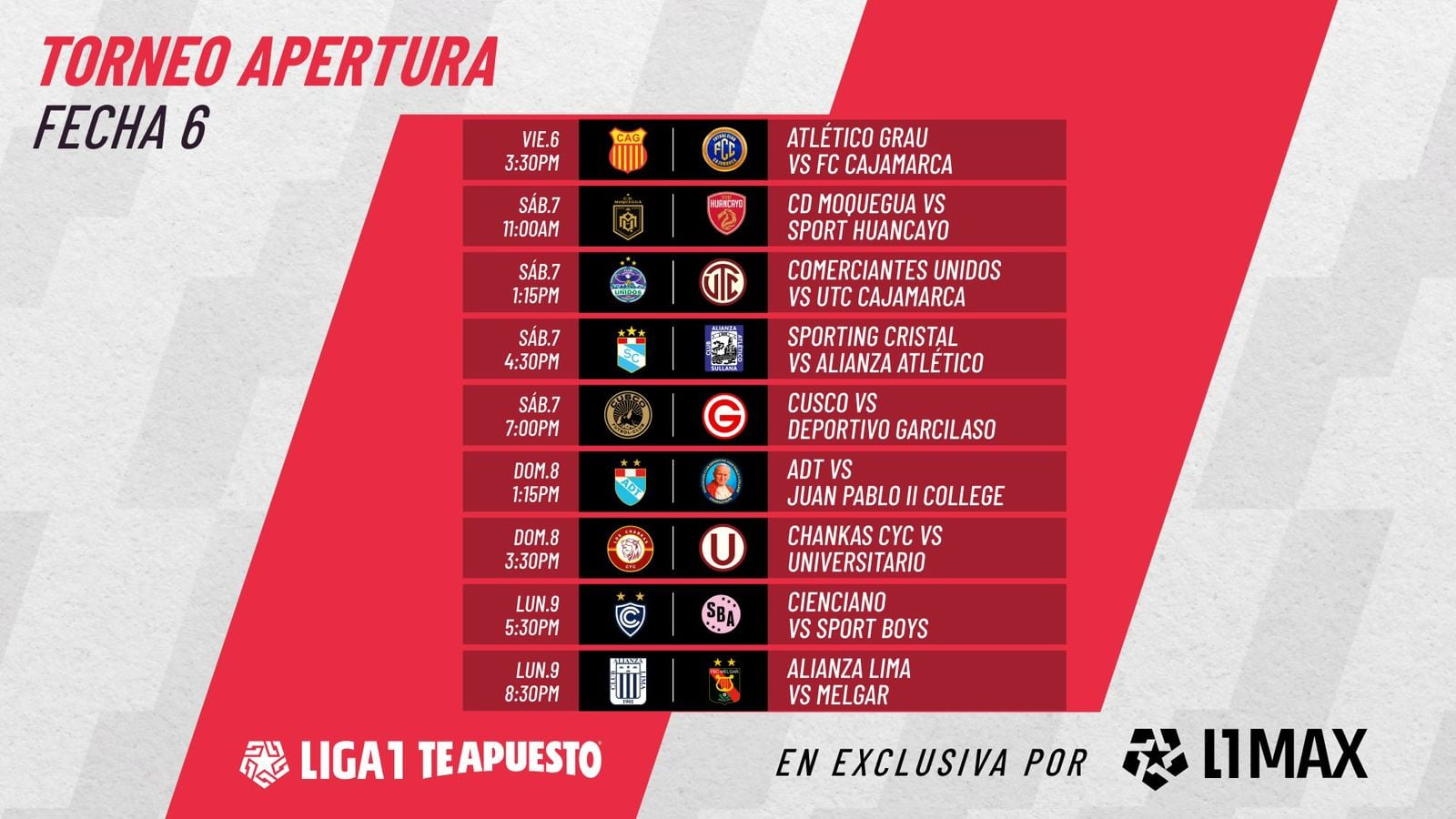 La programación completa de los partidos de la sexta fecha del Torneo Apertura.