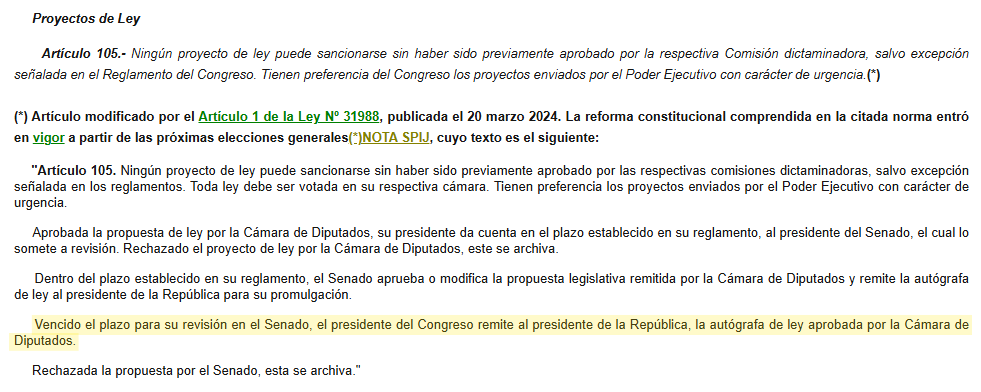 Artículo 105 de la Constitución Política del Perú. Fuente: Sistema Peruano de Información Jurídica (SPIJ).