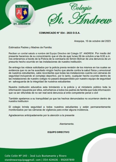 Comunicado del colegio ST. Andrew. (Foto: Captura)