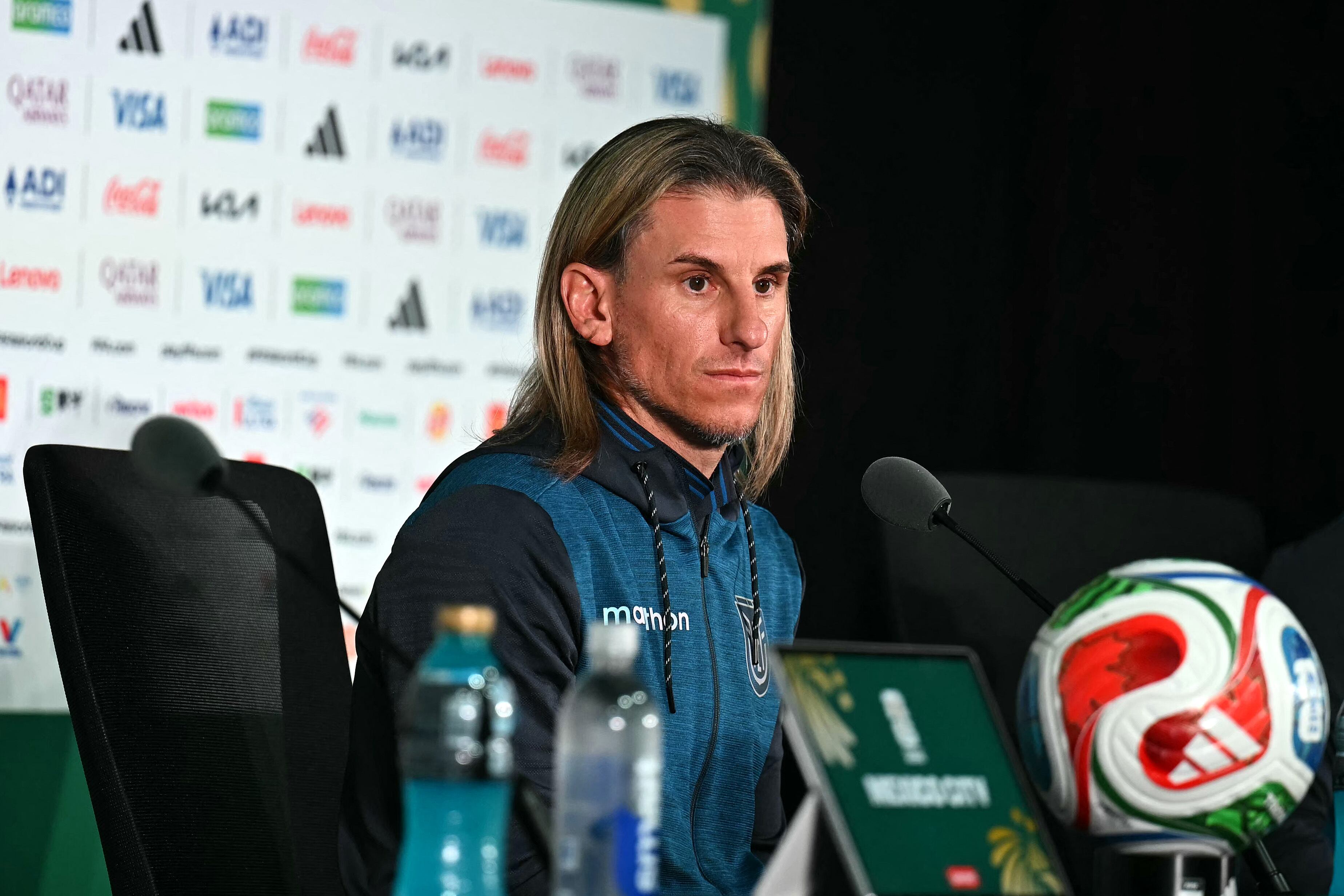 Ecuador's Argentine head coach Sebastian Beccacece gives an MD-1 press conference at the Mexico City Stadium in Mexico City on June 29, 2026, on the eve of the 2026 World Cup round of 32 football match between Mexico and Ecuador. (Photo by YURI CORTEZ / AFP)
