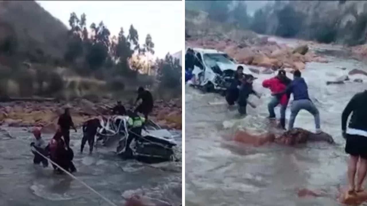 El vehículo se dirigía hacia San Marcos, en Huari. Pobladores y agentes de la Unidad de Rescate de la PNP auxiliaron a los ocupantes y los trasladaron al hospital de Huaraz. (Imágenes de América Noticias)
