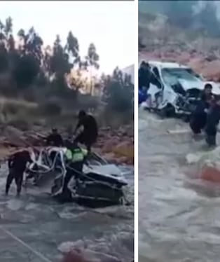 El vehículo se dirigía hacia San Marcos, en Huari. Pobladores y agentes de la Unidad de Rescate de la PNP auxiliaron a los ocupantes y los trasladaron al hospital de Huaraz. (Imágenes de América Noticias)