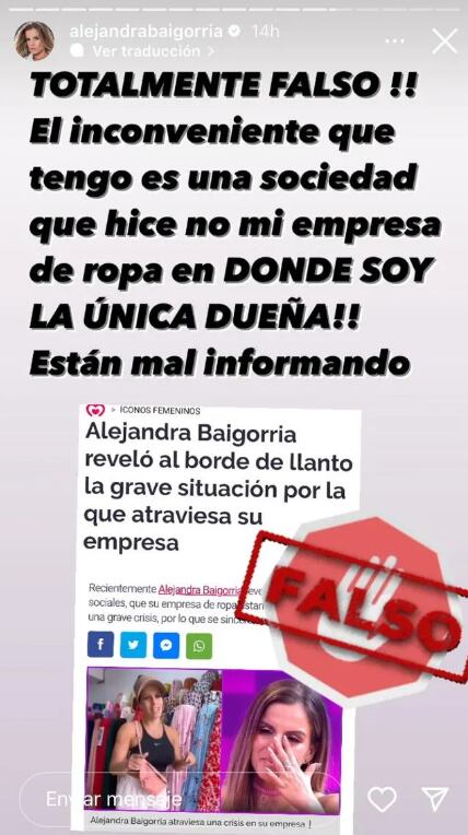Alejandra Baigorria niega crisis en su empresa.