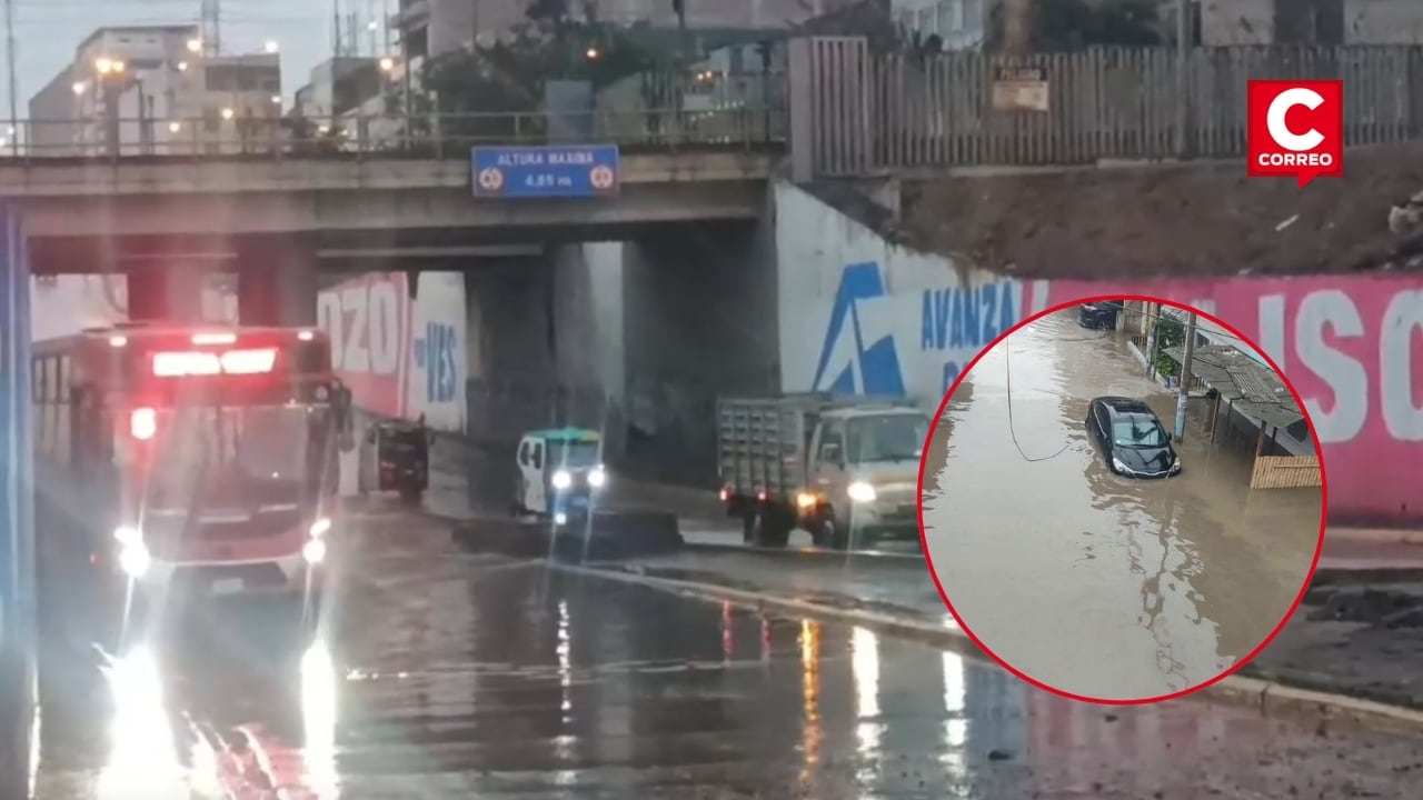 Lluvias en la capitual inundaron bypass de Villa El Salvador: tránsito se ve afectado en la zona. Composición: Diario Correo.