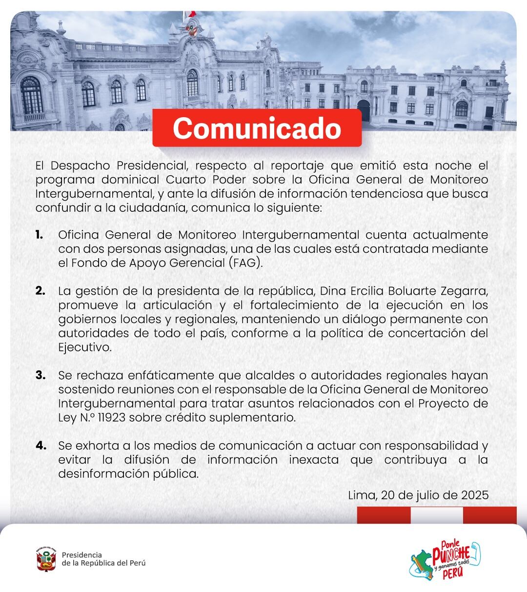 Comunicado de la Presidencia de la República