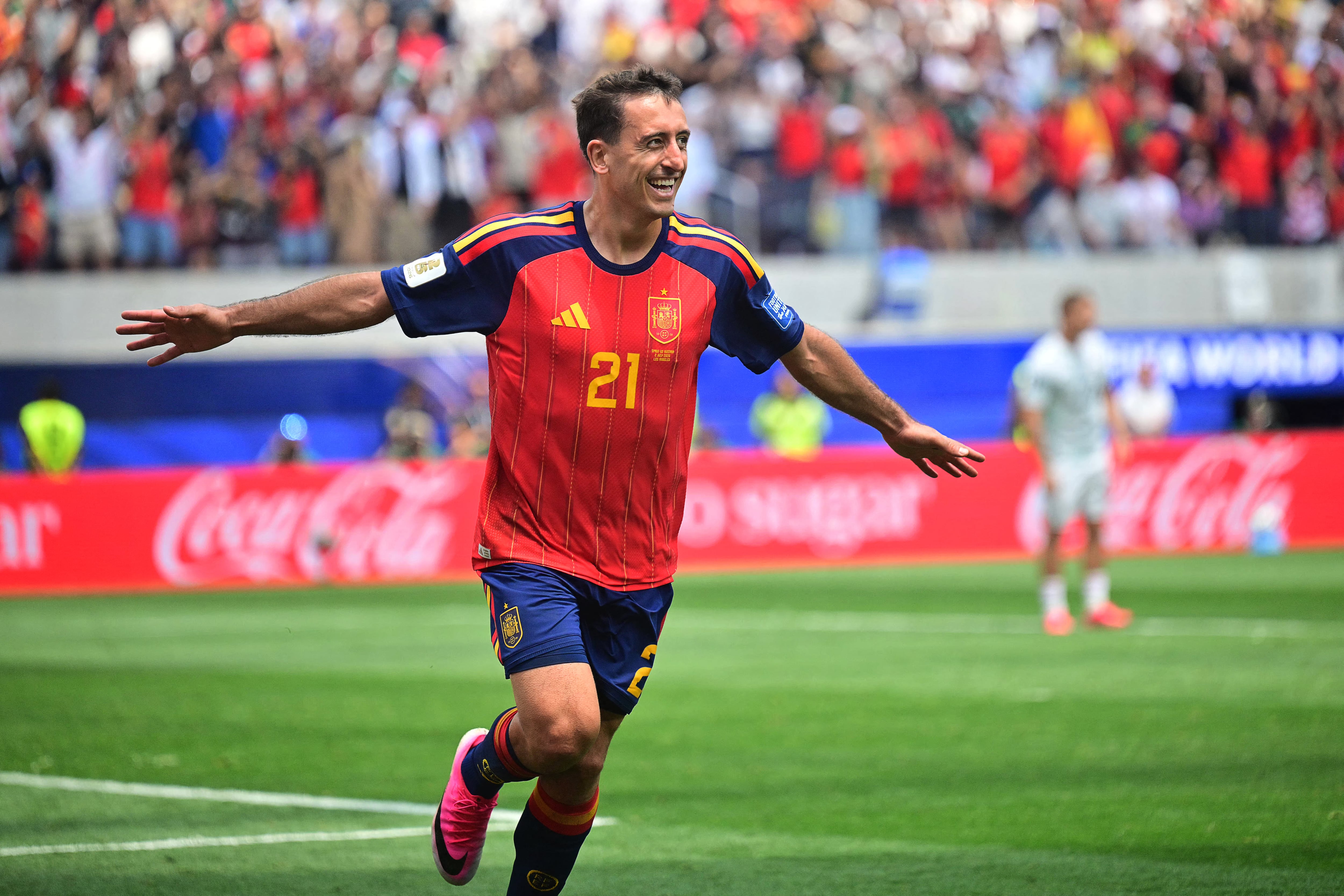 Spain's forward #21 Mikel Oyarzabal celebrates scoring his team's third goal during the 2026 World Cup round of 32 football match between Spain and Austria at the Los Angeles Stadium in Inglewood on July 2, 2026. (Photo by Frederic J. Brown / AFP)