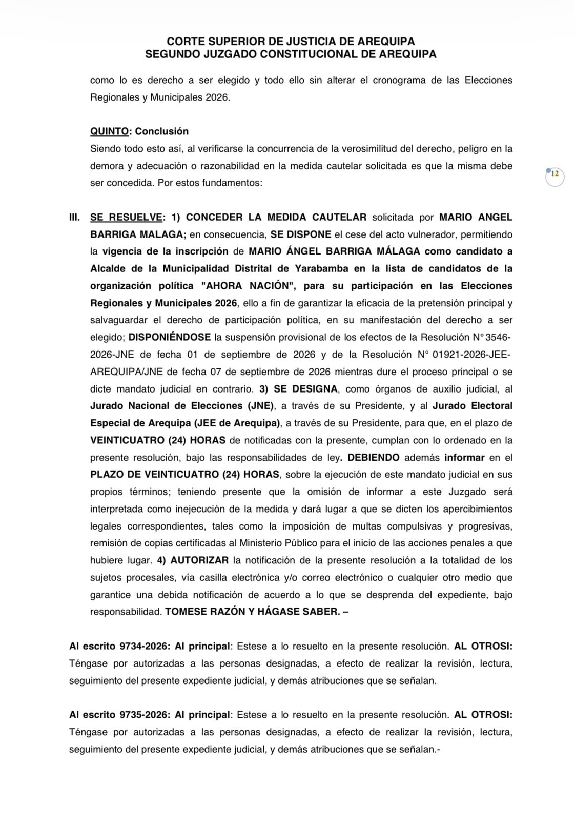 Resolución del juez constitucional aceptando la medida cautelar.