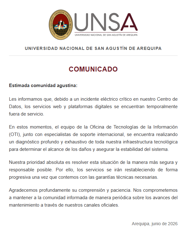 UNSA sin sistema hace 2 semanas y afecta a miles de estudiantes de Arequipa (Foto: UNSA)