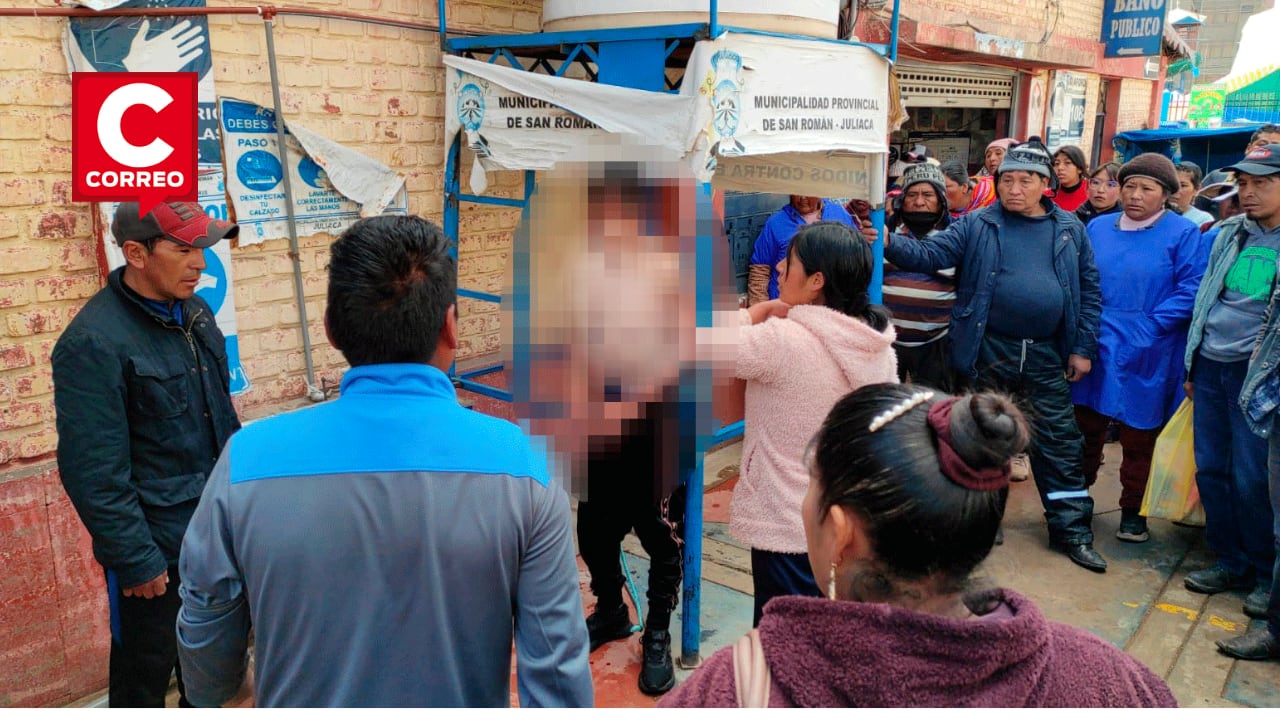 Capturan y castigan a presunto ladrón acusado de robar el celular de una escolar en Juliaca.