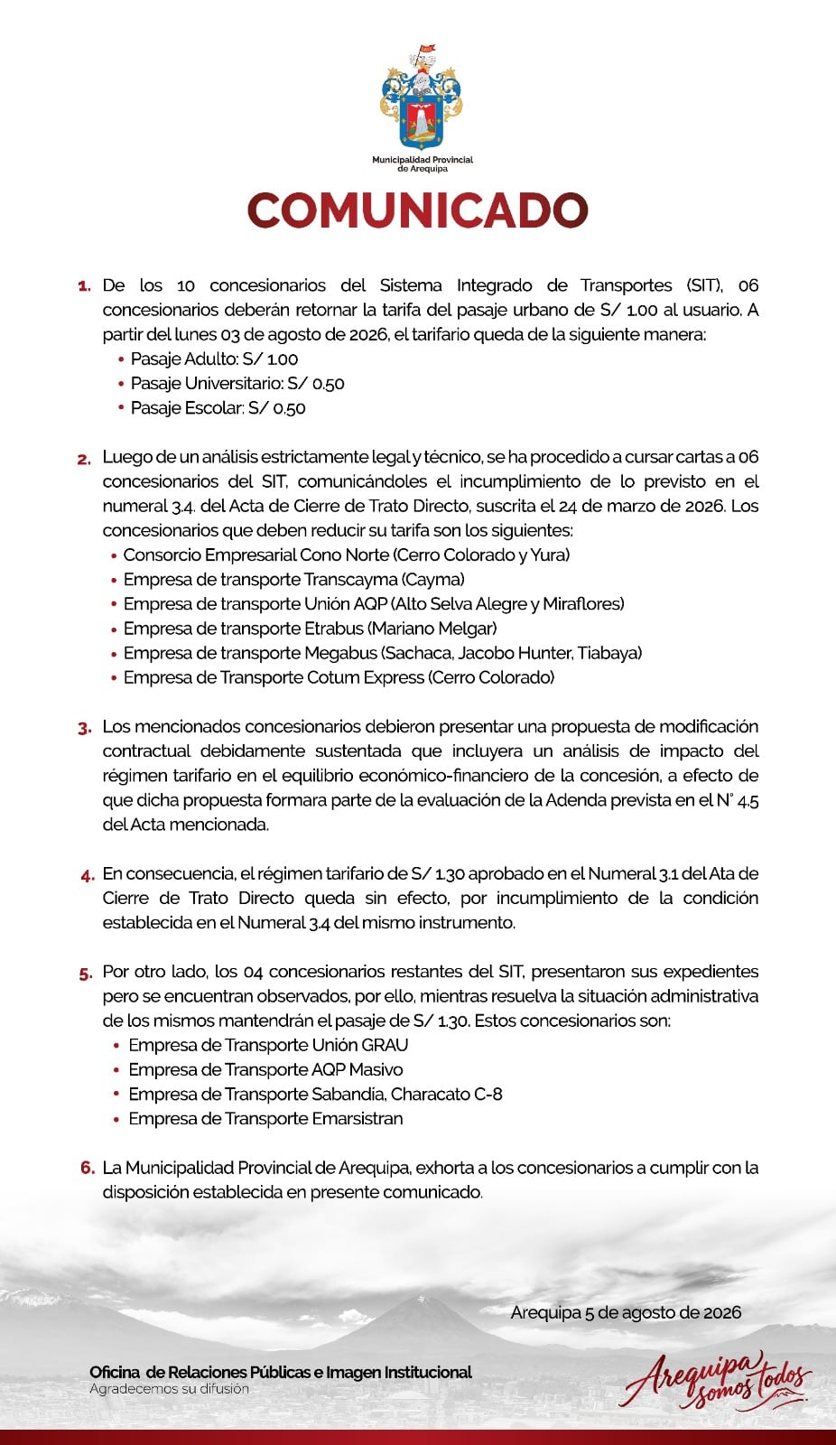 Comunicado de la Municipalidad Provincial de Arequipa sobre el retorno de la tarifa de S/1.00 en algunas concesionarias del SIT.