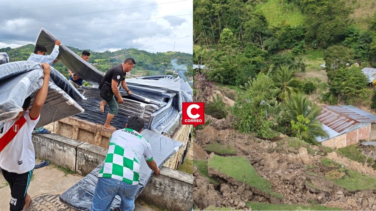 San Martín entrega ayuda humanitaria a familias afectadas por deslizamiento de tierra en un caserío. Composición: Diario Correo.