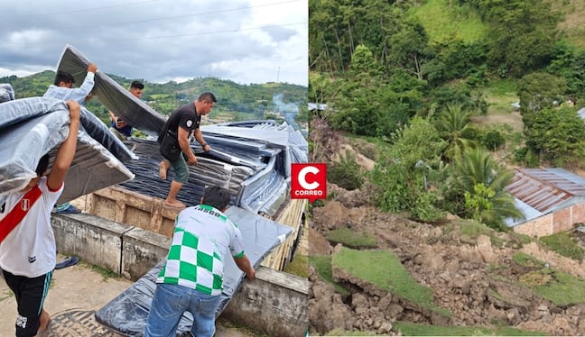 San Martín entrega ayuda humanitaria a familias afectadas por deslizamiento de tierra en un caserío. Composición: Diario Correo.