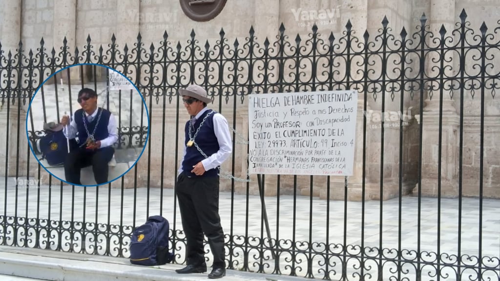 Profesor denuncia presunta discriminación y se encadena en la Catedral de Arequipa. (Foto: Radio Yaraví)