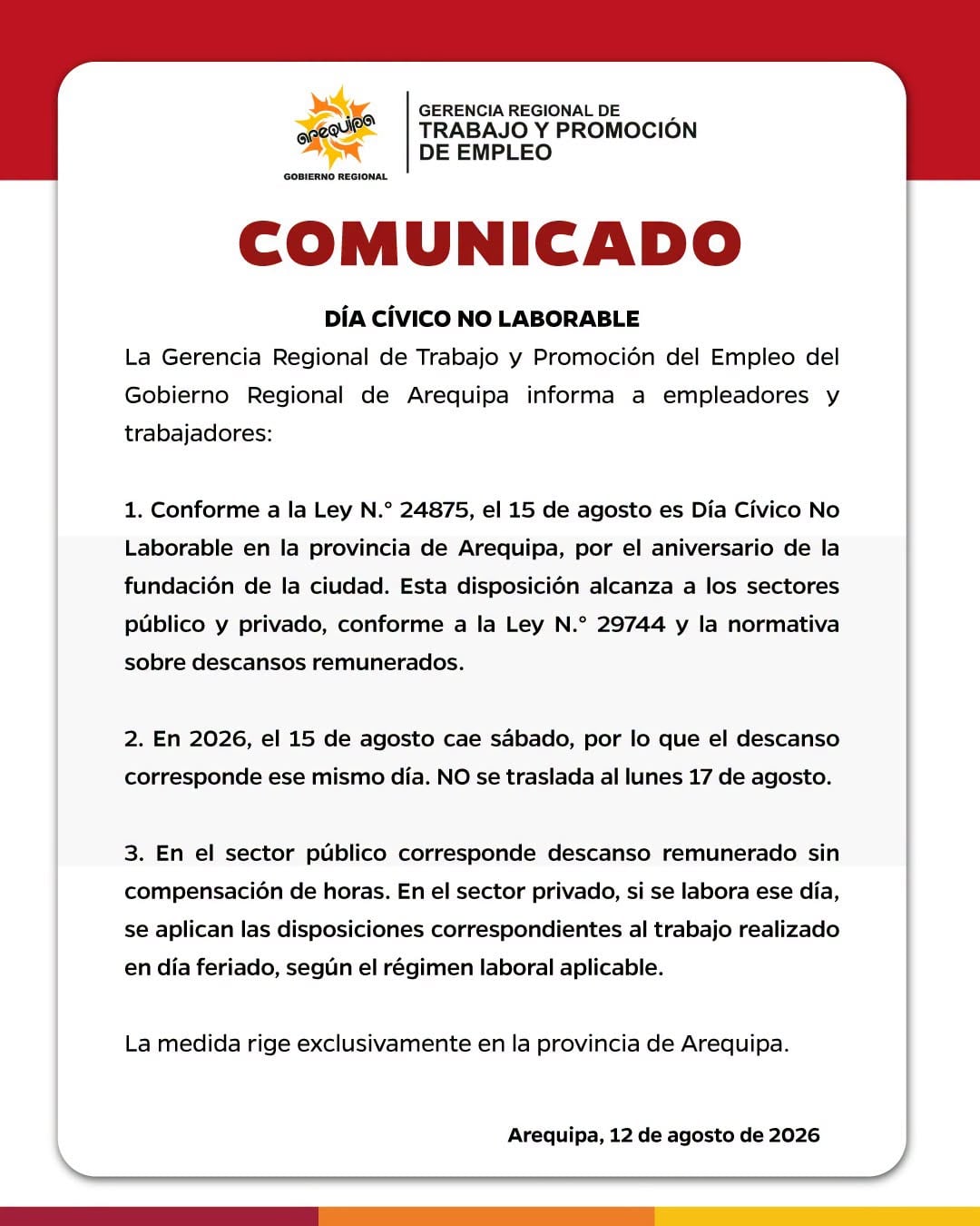 El 15 de agosto será día no laborable por aniversario de Arequipa. Foto: Gobierno Regional de Arequipa.