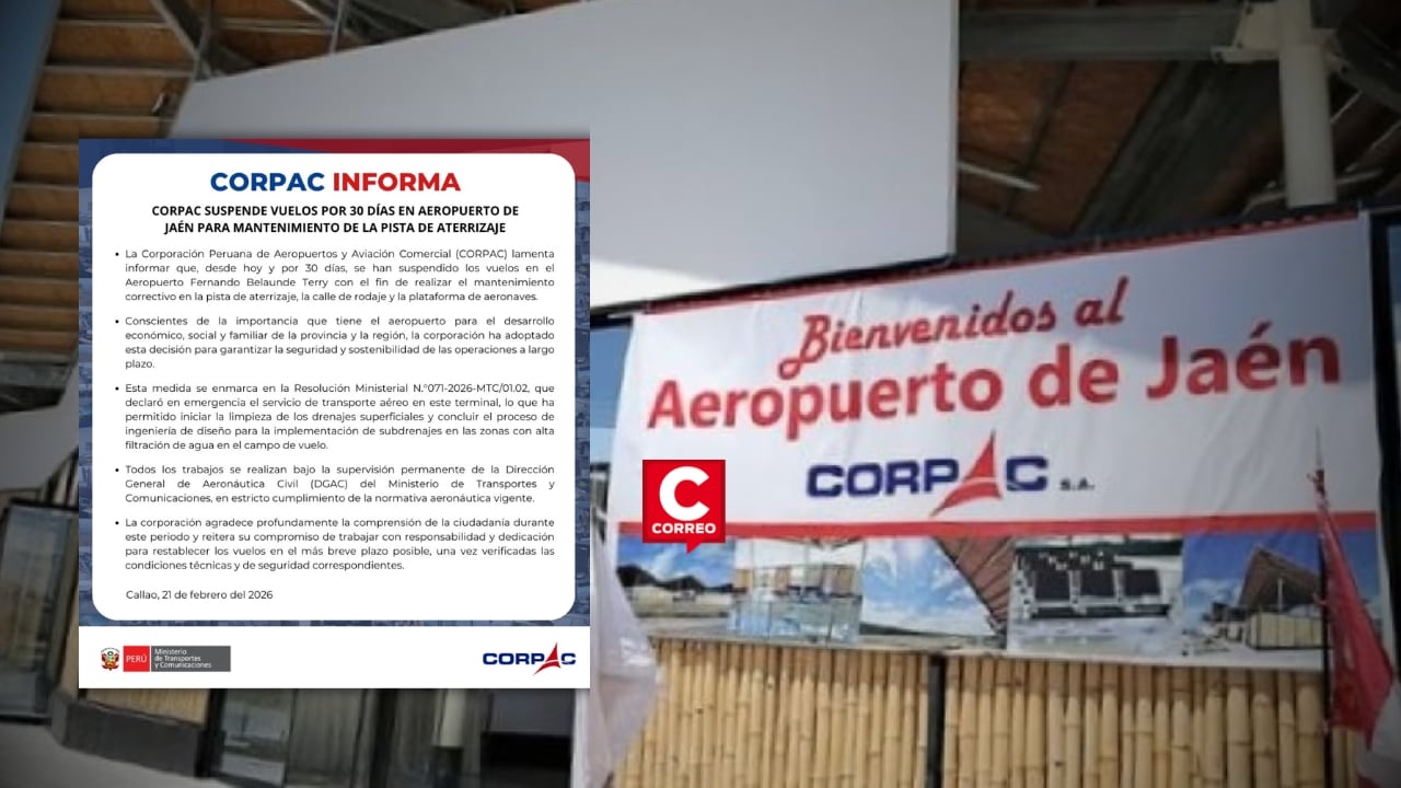 Cajamarca: Corpac cierra aeropuerto de Jaén durante 30 días por filtraciones en el campo de vuelo. Composición: Diario Correo.