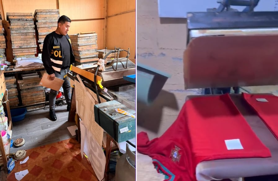 Agente de Policía Fiscal en taller con máquinas y prendas.
