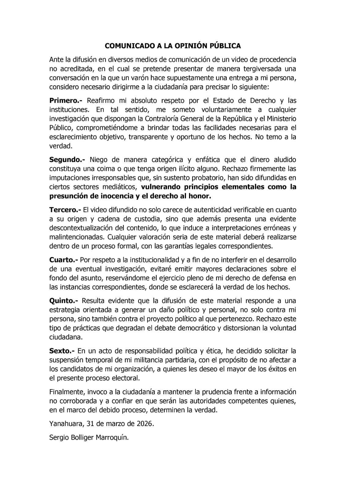 Alcalde de Yanahuara, Sergio Bolliger niega que el dinero sea por coima