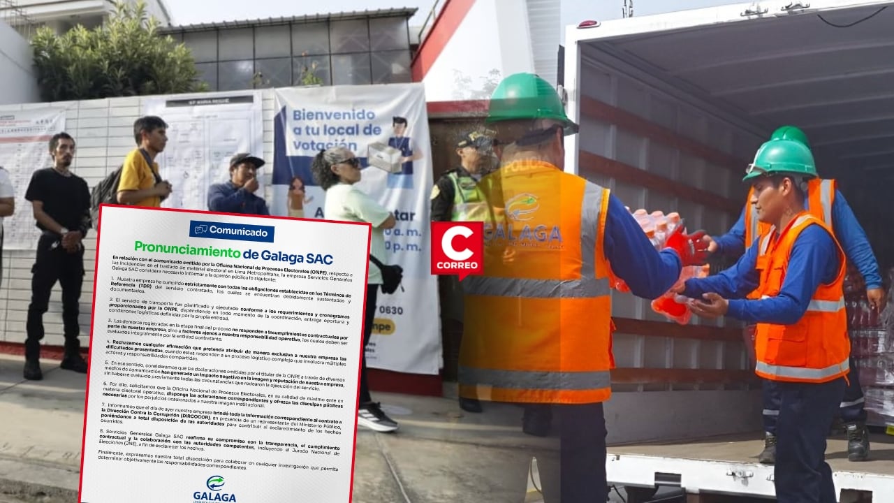 Empresa Galaga rechaza responsabilidad exclusiva por retrasos electorales y exige disculpas públicas de la ONPE. Composición: Diario Correo.