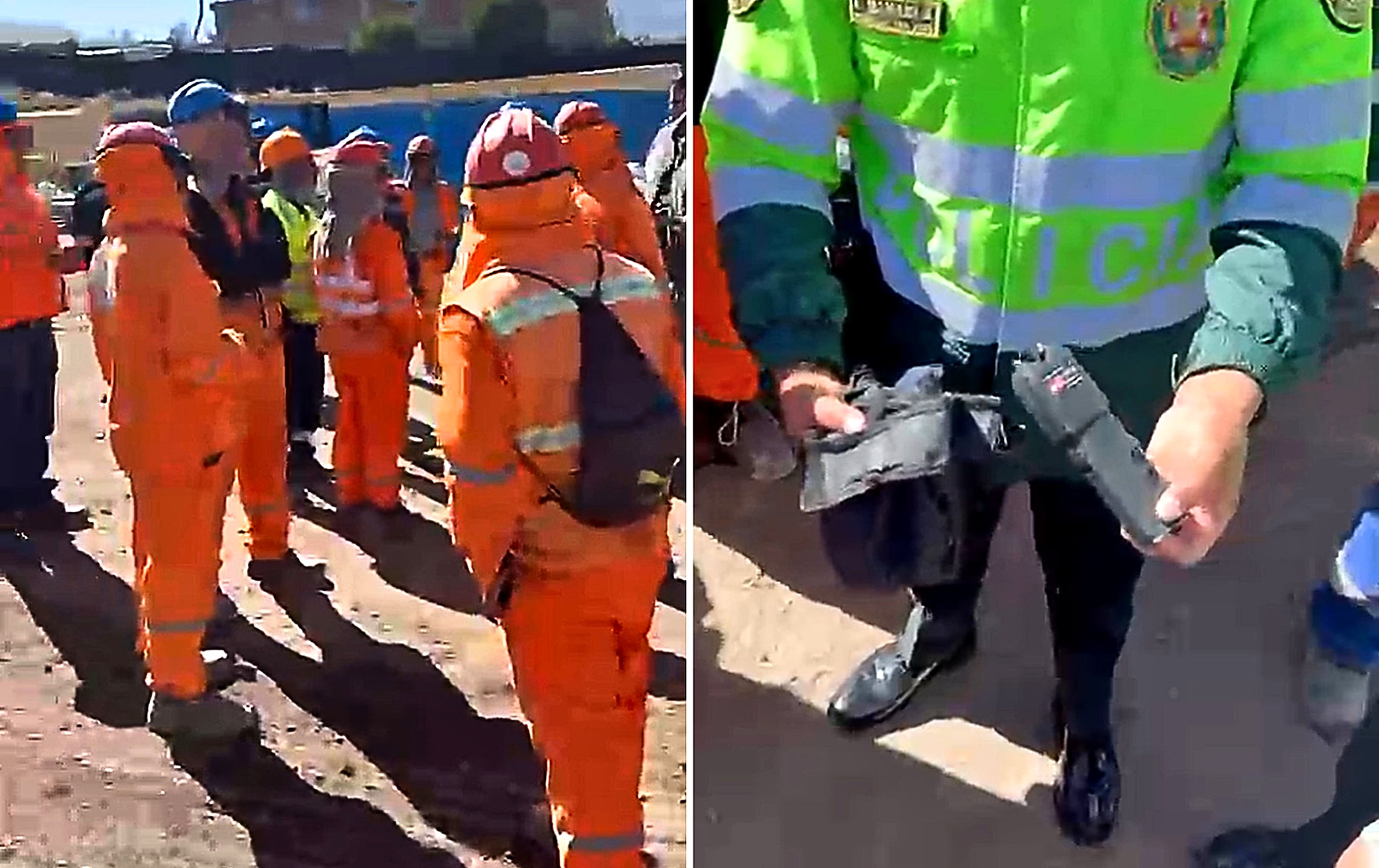 Policía interviene en obra Pampa Cañahuas Cabrerías, ejecutada por el Gobierno Regional de Arequipa, por presunta amenaza. Foto: Captura de video/Mejorada con IA.