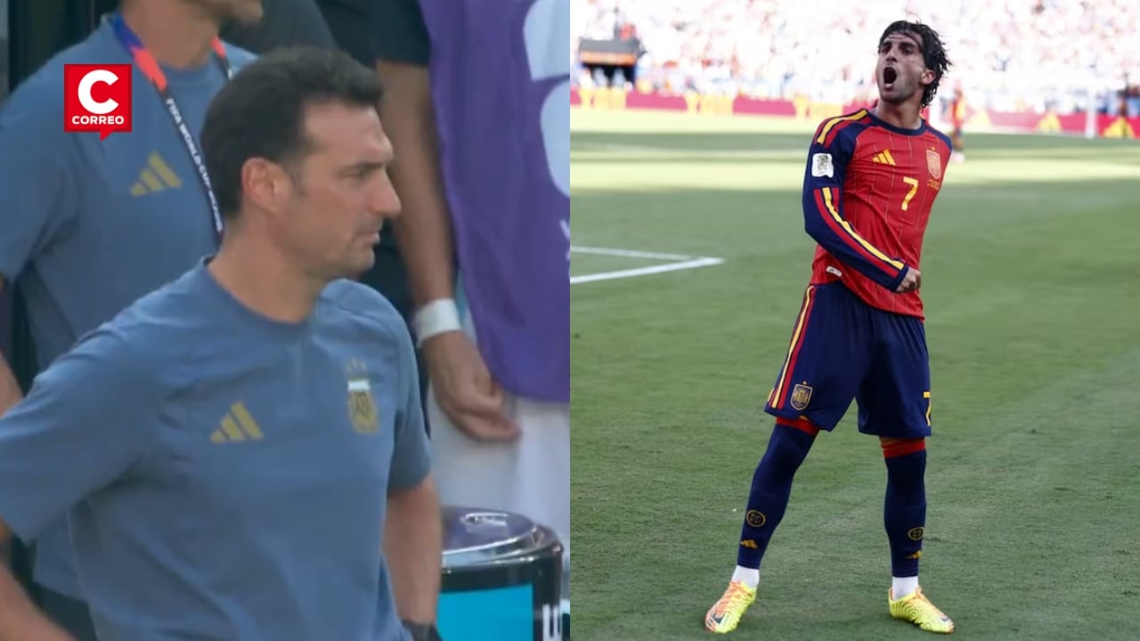 La reacción de Lionel Scaloni tras el gol de España que dejó a Argentina sin el título del Mundial 2026. Composición: Diario Correo.