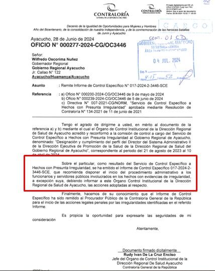 Este es el oficio que envió la Contraloría al gobernador Wilfredo Oscorima sobre el caso.