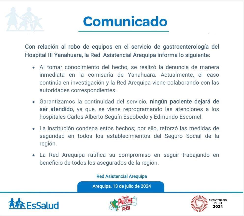 Essalud comunicado Arequipa. (Foto: EsSalud)