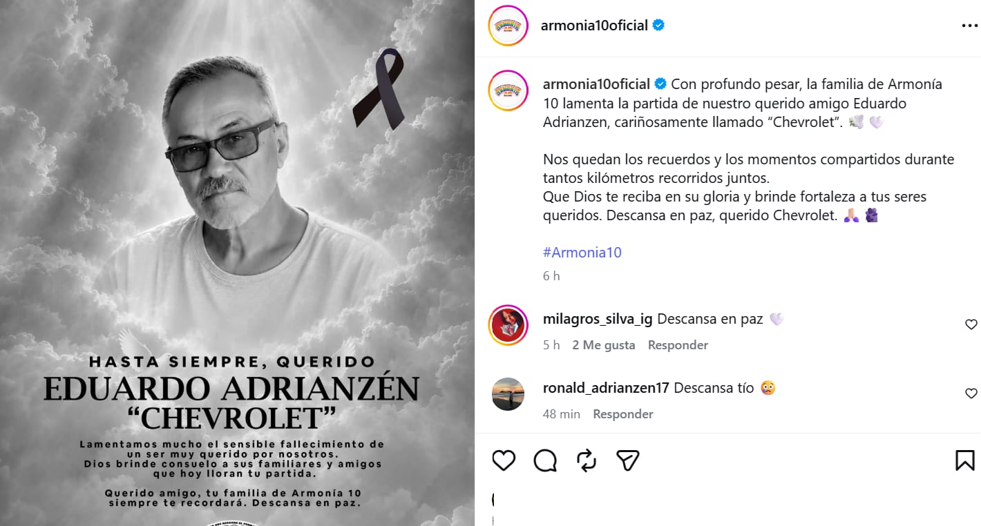 Armonía 10 confirma fallecimiento de 'Chevrolet', quien formaba parte del equipo técnico de la agrupación.