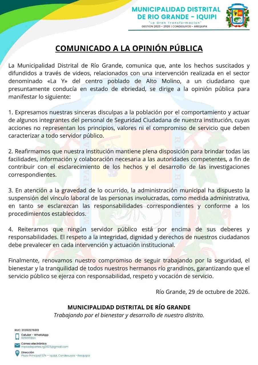Comunicado de la Municipalidad Distrital Rio Grande, provincia de Condesuyos, Arequipa.