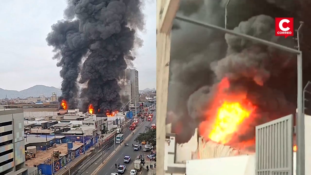 Cercado de Lima: incendio de gran magnitud consume depósito de plásticos en la avenida Óscar Benavides. Composición: Diario Correo.