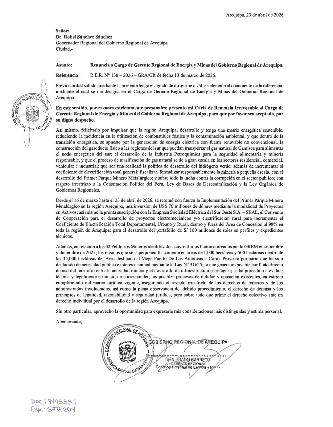 Iván Prado presentó su renuncia al cargo de gerente regional de Energía y Minas, un día después de la interpelación (Foto: Consejo Regional de Arequipa)