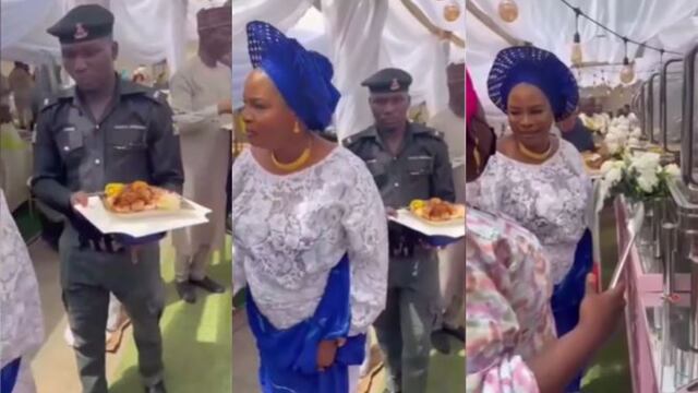 Captan a policía nigeriano cargando plato de comida de mujer en fiesta y usuarios denuncian discriminación