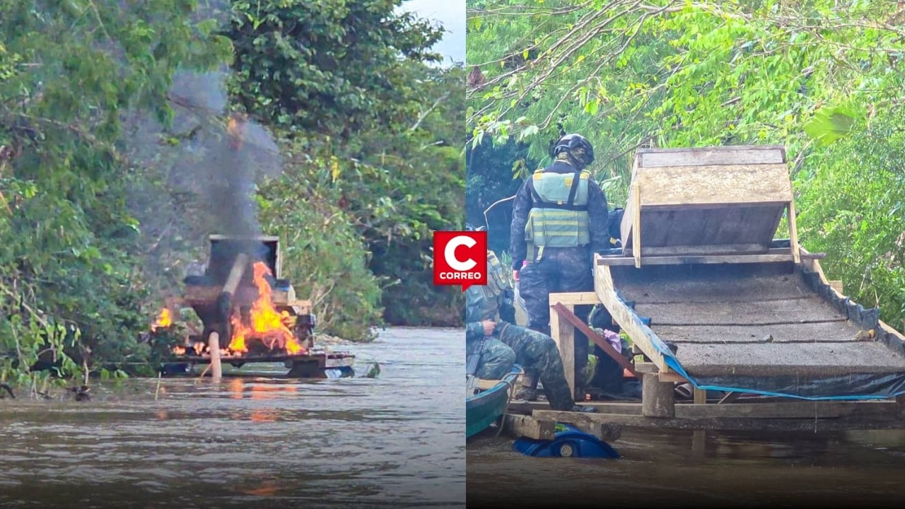 Ucayali: destruyen 16 dragas utilizadas para minería ilegal en el río Aguaytía. Composición: Diario Correo.
