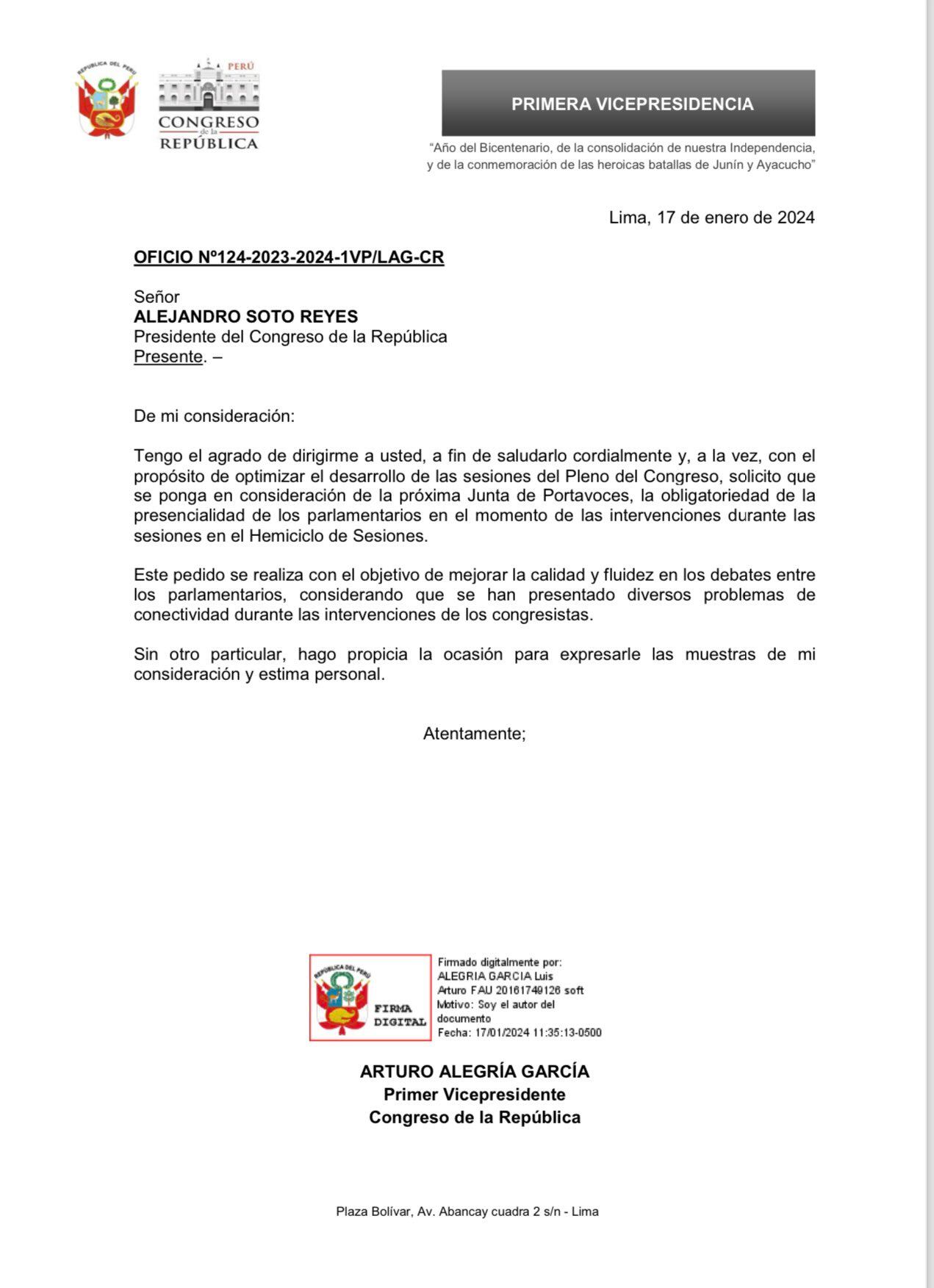 Congresista Arturo Alegría solicitó considerar la obligatoriedad de la presencialidad para intervenir en las sesiones del Pleno.