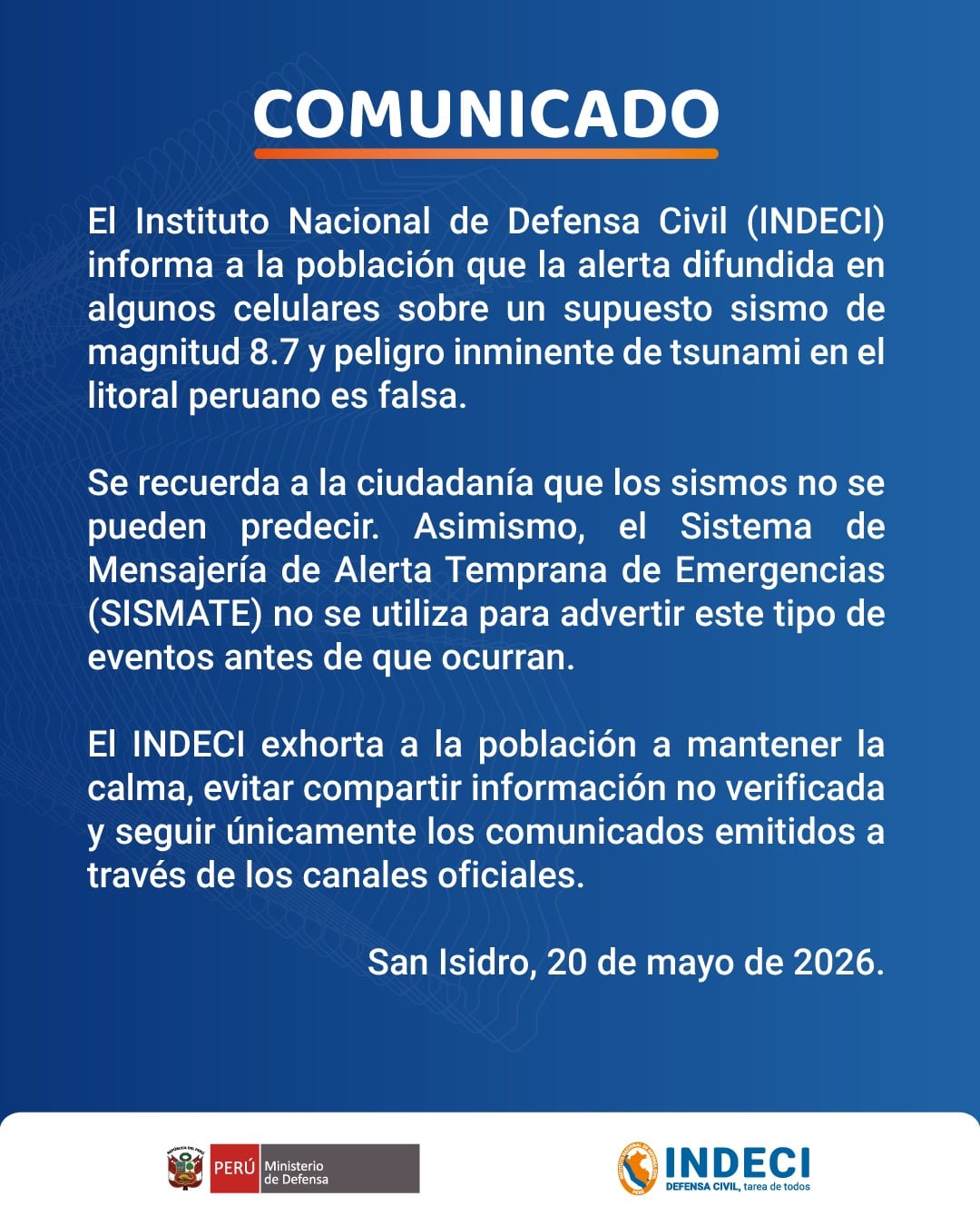 Indeci emitió un comunicado en el que preciso que la alarma era falsa, y recordó que el sistema no alerta sobre un temblor con anterioridad. Foto: X/Indeci