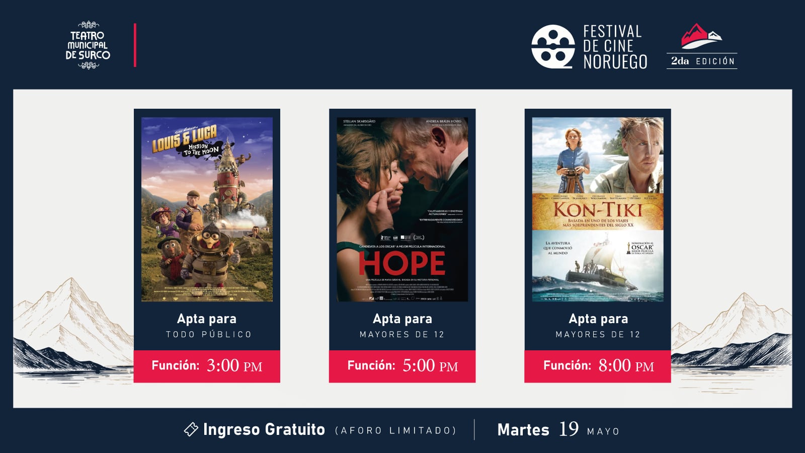 El evento reunirá tres producciones del cine noruego y se enmarca en las celebraciones por el Día Nacional de Noruega.