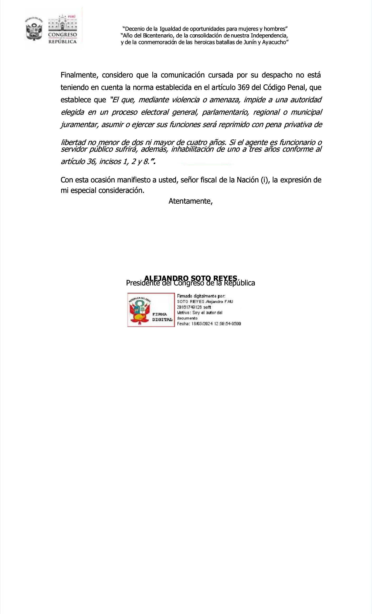 Oficio del presidente del Congreso