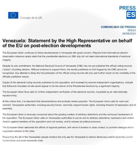 Este es el comunicado publicado por la Unión Europea sobre la situación en Venezuela.