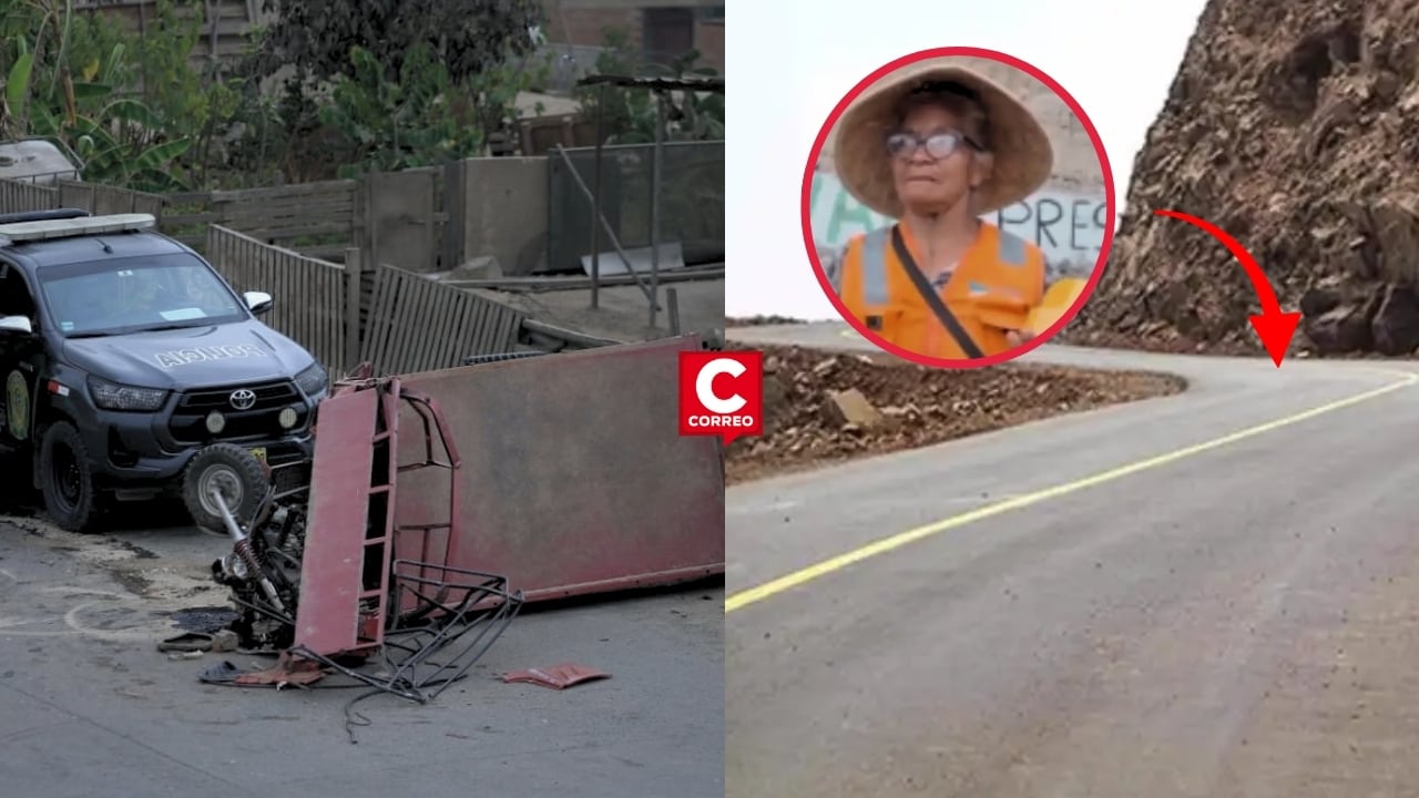 Mujer coloca señalización vial tras accidente en Jicamarca: ‘’Yo hago mi inversión propia’’. Composición: Diario Correo.