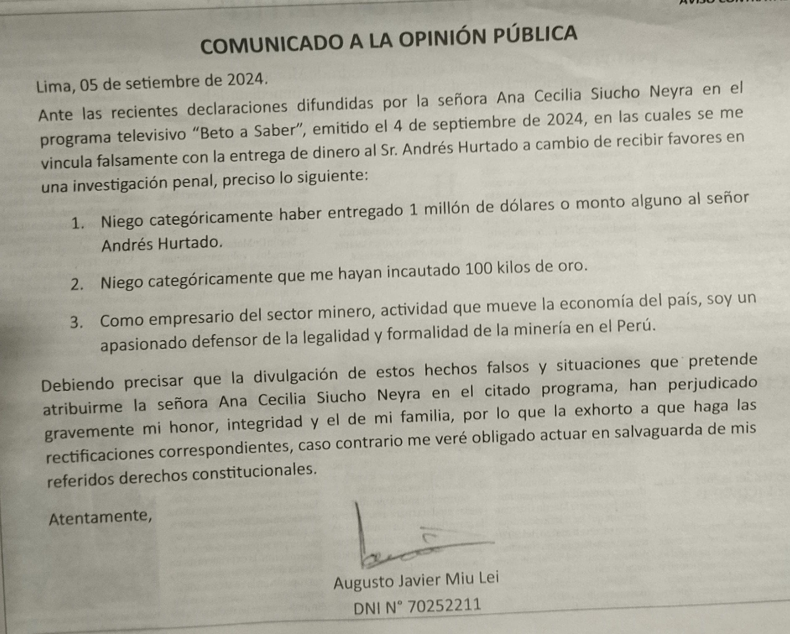 Javier Miu Lei se pronunció por acusaciones cuando el caso explotó, pero ahora es procesado por la justicia.
