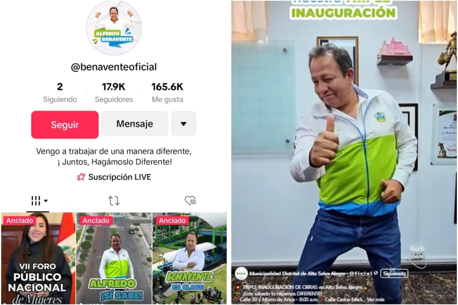 Cuenta de alcalde Alfredo Benavente y del municipio de Alto Selva Alegre. Foto: Captura de pantalla.