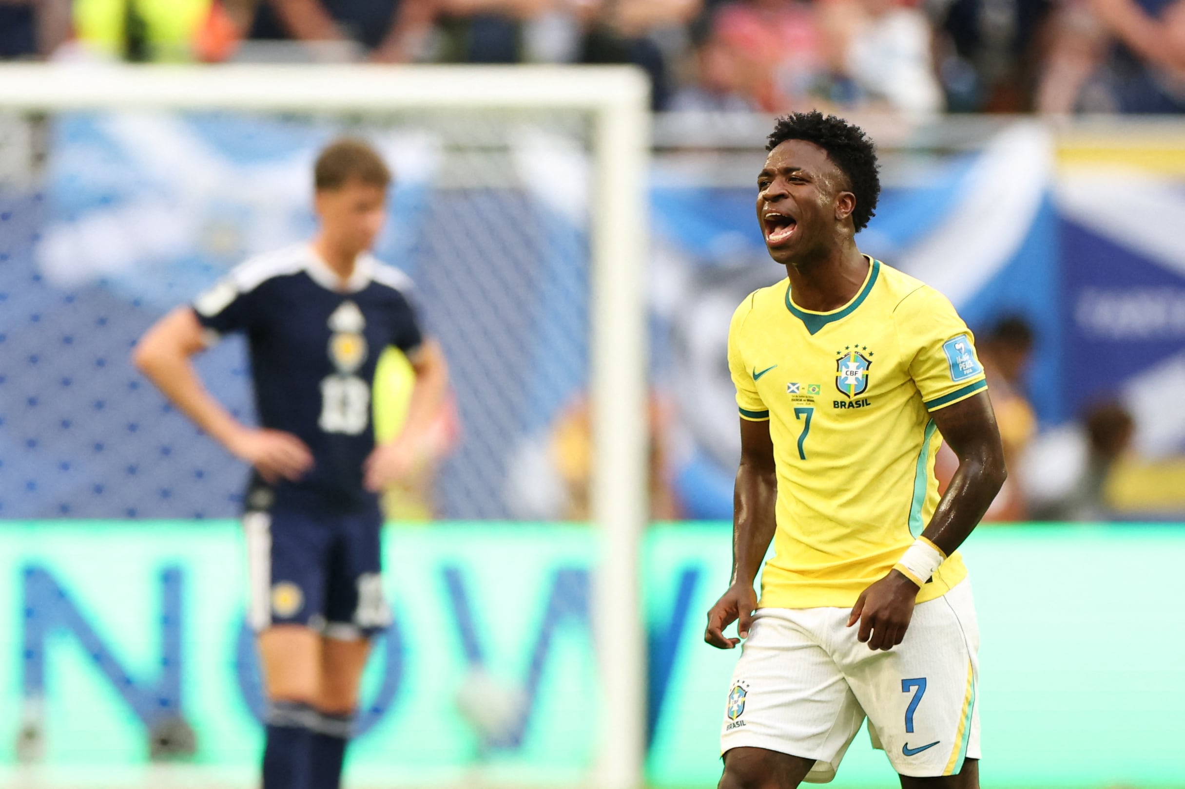 Brazil's forward #07 Vinicius Junior celebrates after scoring his team's first goal during the 2026 World Cup Group C football match between Scotland and Brazil at the Miami Stadium in Miami Gardens on June 24, 2026. (Photo by PATRICIA DE MELO MOREIRA / AFP)