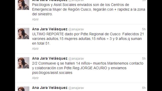 Ana Jara lamenta la muerte de niños en Cusco vía Twitter