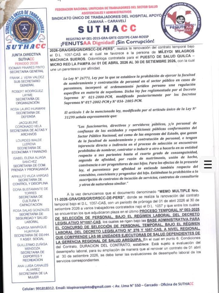 Denuncia por contratos CAS en la Red de Salud Camaná-Caravelí.