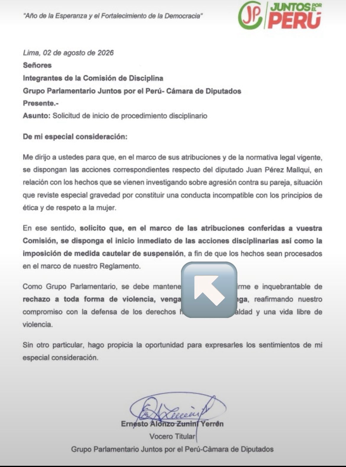 Ernesto Zunini, vocero titular de Juntos por el Perú, solicitó una investigación y una suspensión temporal para el diputado Juan Pérez Mallqui