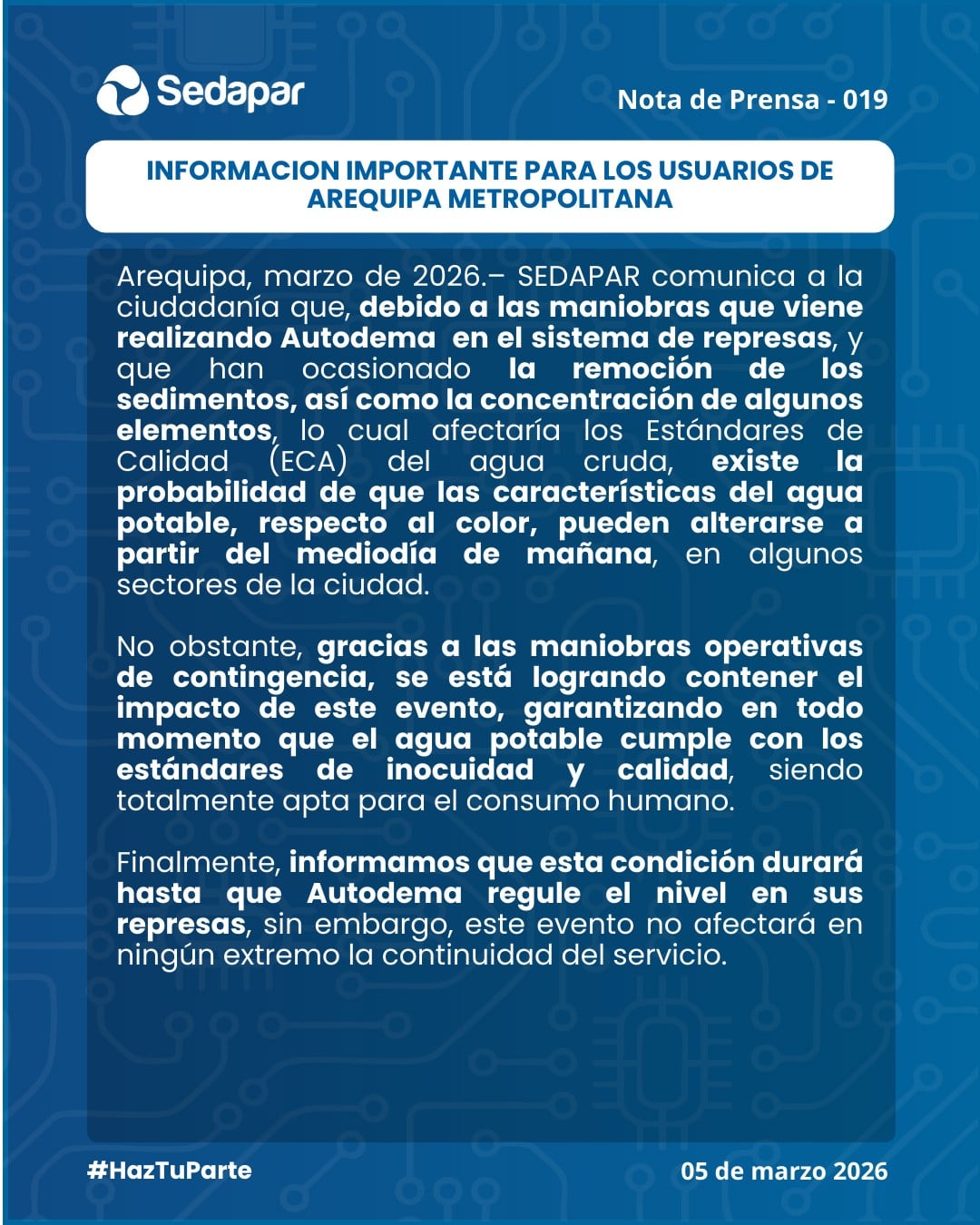 Nota de prensa de Sedapar