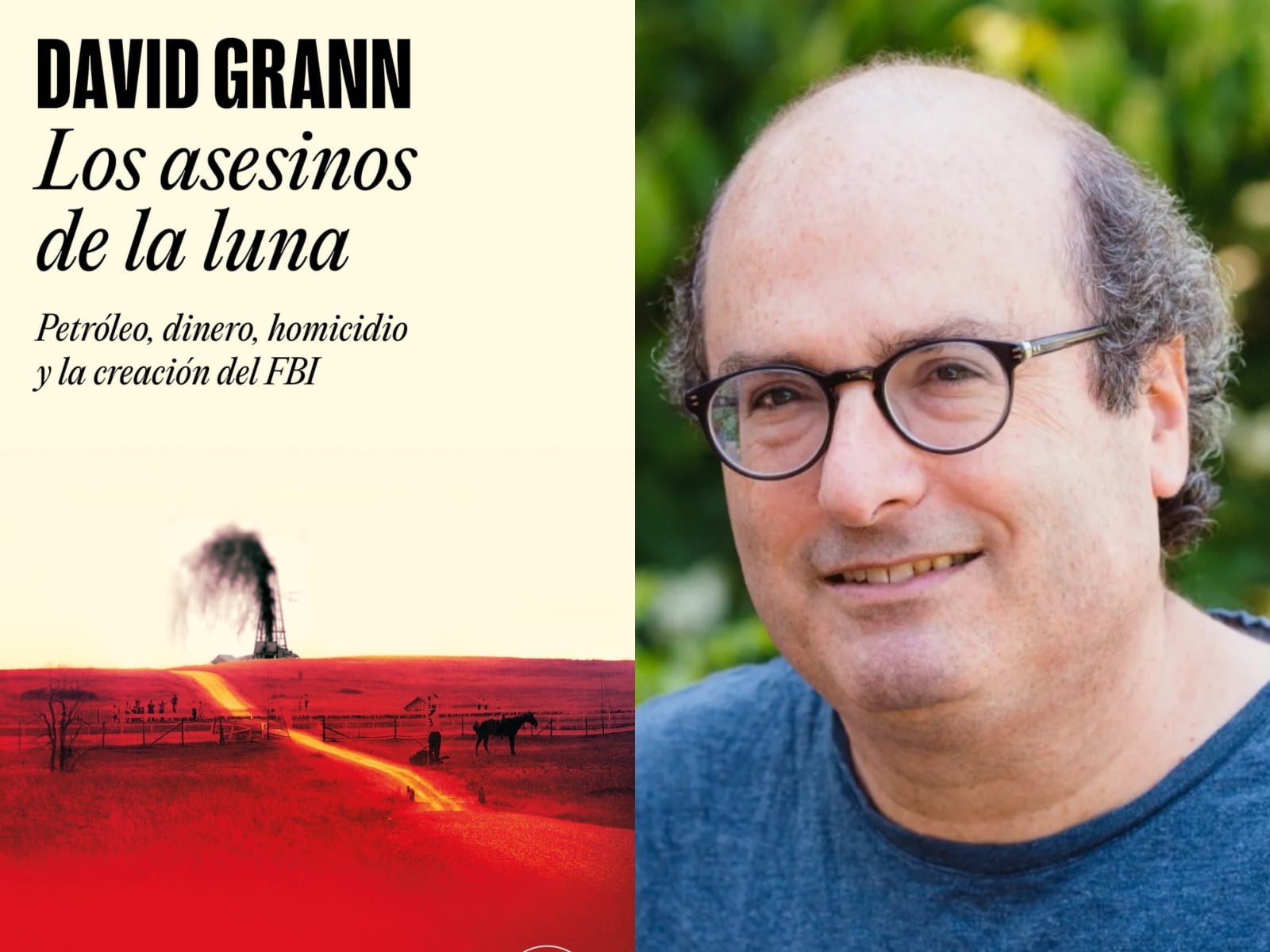 El periodista y escritor David Grann junto a la portada de su libro "Los asesinos de la luna" (Foto: Random House / David Grann)